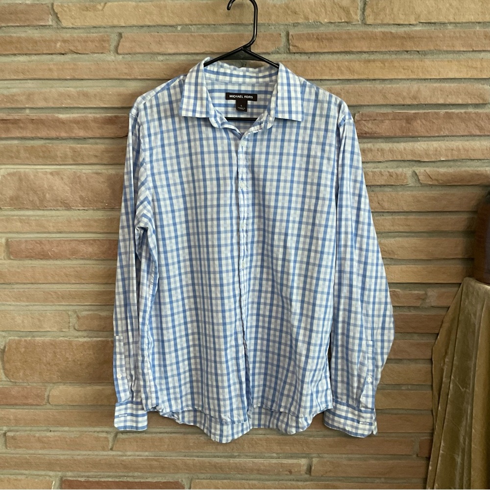Michael Kors Men’s Button Down Cotton Shirt Blue White Gingham Plaid Large